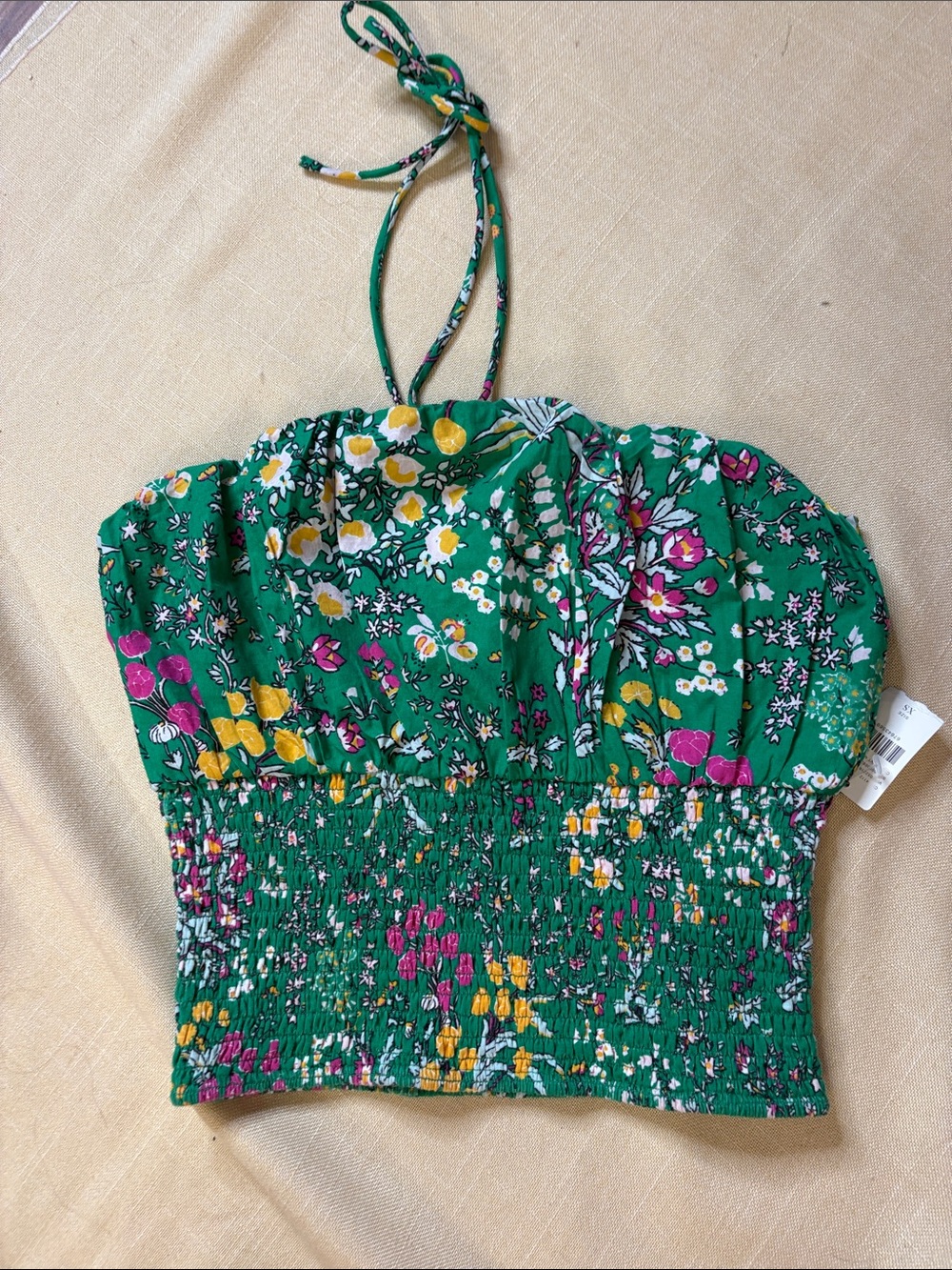 Maeve Green Floral Smocked Halter Crop Top with Yellow & Pink Flowers